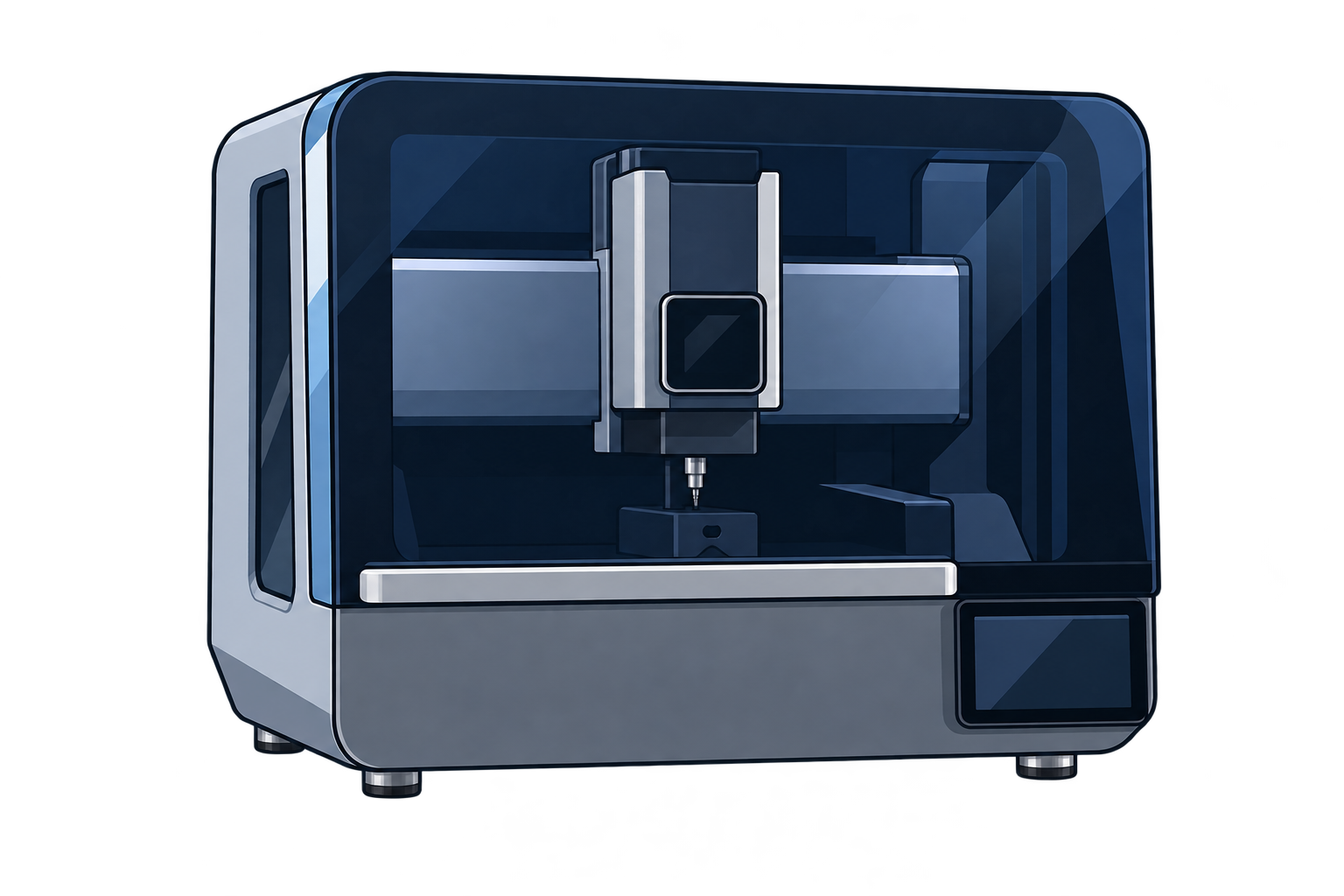 Cartoon illustration of the ToolDance X1 enclosure, central tool head, front window, and lower-right touchscreen.