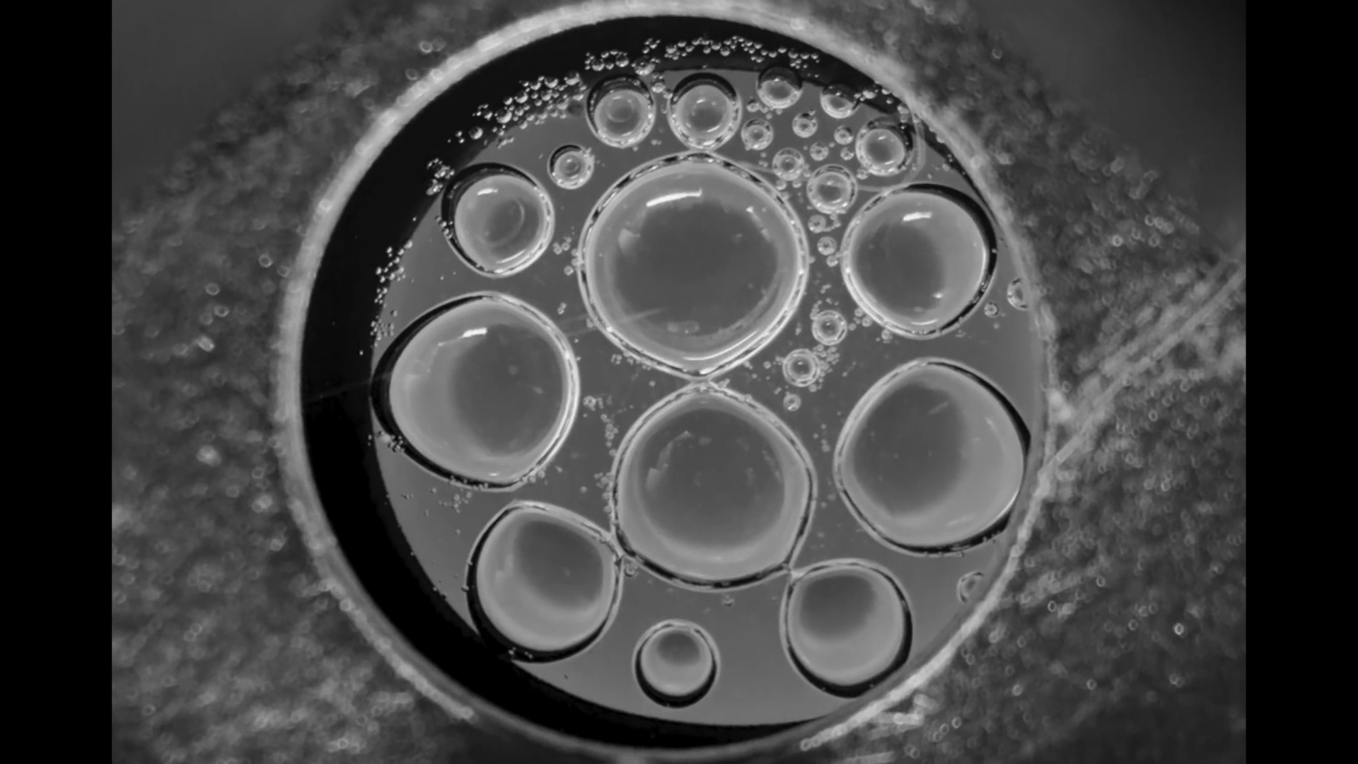 Grayscale bubbles of different sizes inside a circular opening.