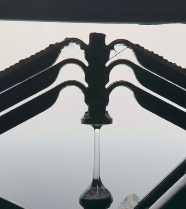 A liquid bridge between the upper and lower sample holders in the flexure-based PocketCaBER device.
